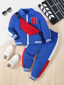 男小童字母貼布條紋飾邊夾克和運動褲&包 - 藍色 - 查看 1