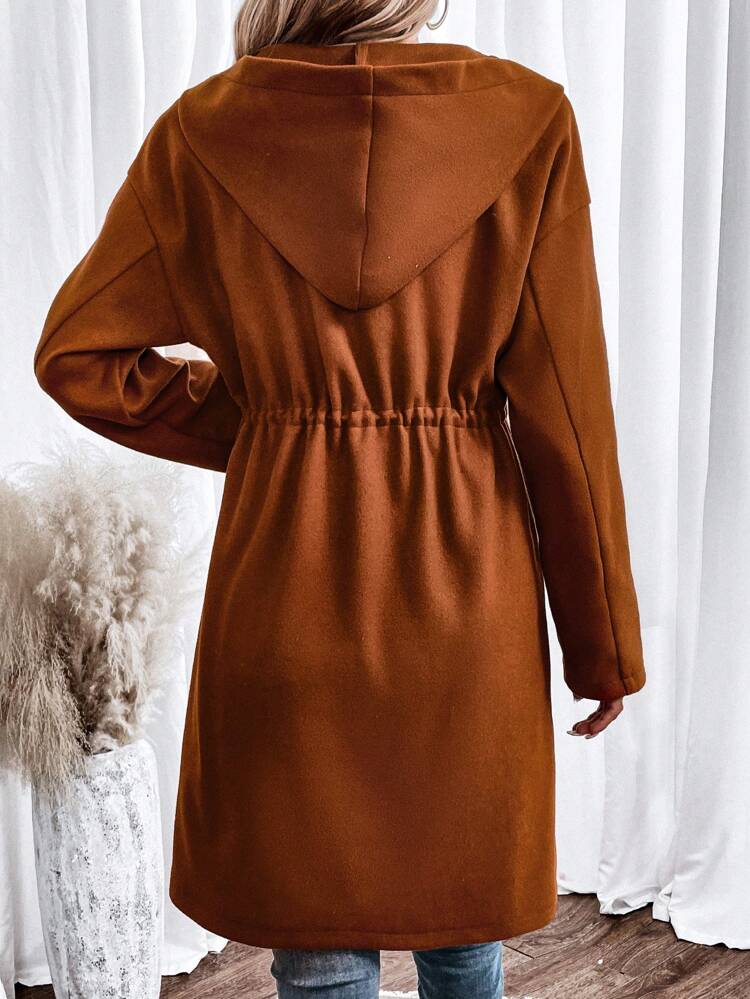 Dual Pocket Drawstring Waist Hooded Overcoat Fall Cloth For Women
