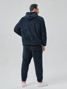 GENTILAND Men Plus Letter Patched Kangaroo Pocket Drawstring Teddy Hoodie & Pants - Blue - View 2