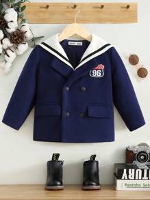 SHEIN Young Boy 1pc Letter Patched Detail Double Breasted Sailor Collar Overcoat - Royal Blue - View 4