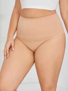 大碼素色高腰塑身衣丁字褲 - 杏色 - 查看 1