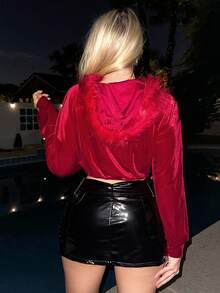 SHEIN ICON 字母刺繡拉鏈開襟抽繩短款連帽衫 - 紅色 - 查看 4