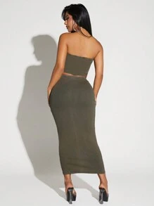 SHEIN SXY 女款無肩帶上衣與裙子套裝 - 軍綠色 - 查看 2