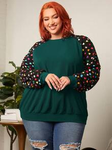 SHEIN CURVE+ 大碼愛心圖案插肩袖運動衫 - 墨綠色 - 查看 5