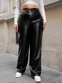 RueChic Plus Zip Fly PU Leather Wide Leg Pants - Black - View 1