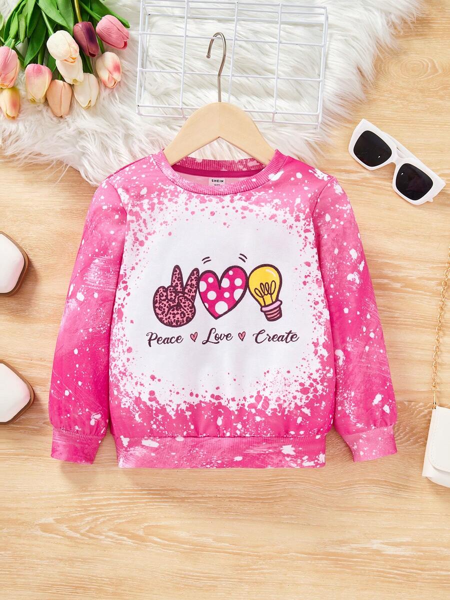 SHEIN Young Girl Letter & Heart Print Sweatshirt - Pink - View 1