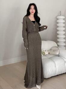 DAZY Pointelle Knit Drop Shoulder Cardigan & Knit Skirt