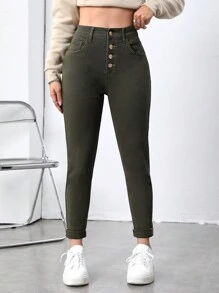 SHEIN Essnce Button Fly Skinny Jeans - Army Green - View 4