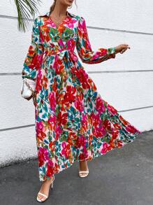 SHEIN VCAY Allover Floral Print Lantern Sleeve Belted Dress - Red - View 1