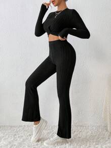 SHEIN PETITE Twist Front Crop Tee & Flare Leg Pants - Black - View 3