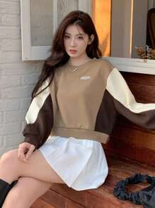 DAZY Letter Patched Colorblock Drop Shoulder Sweatshirt,Long Sleeve Tops,Fall Clothes