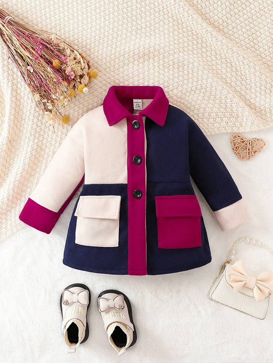 女嬰撞色翻蓋口袋前紐扣花呢外套 - 彩色 - 查看 1