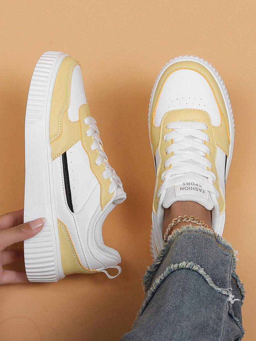 女士运动鞋，黄色休闲鞋，白色平底滑板鞋 - 黃色 - 查看 1