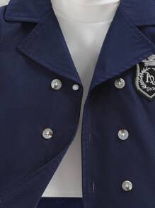 SHEIN Baby Boy 1pc Letter Patched Double Breasted Hooded Trench Coat - Navy Blue - View 4