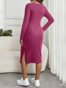 SHEIN Thai sản Cổ vuông Tách đùi Đồ đan Ribbed Đầm - Màu Hồng Tươi - Xem 2