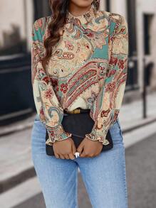 SHEIN Clasi 大碼佩斯利印花荷葉袖襯衫 - 彩色 - 查看 3