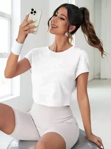 Easithlete 迷彩印花空背運動T恤，健身上衣 - 白色 - 查看 2