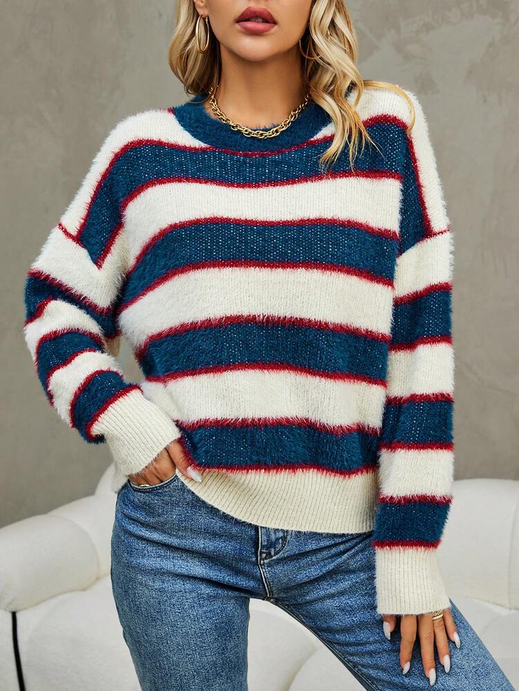 Striped Pattern Drop Shoulder Knit Pullover Fall Winter Sweater