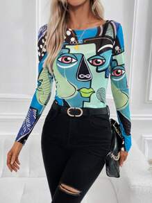 SHEIN LUNE 人像圖案船領上衣 - 彩色 - 查看 1