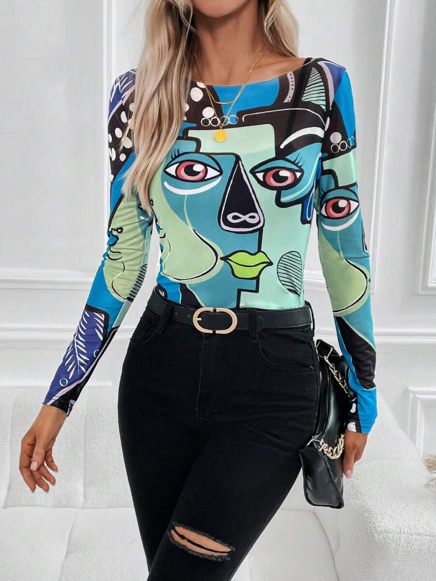 SHEIN LUNE 人像圖案船領上衣 - 彩色 - 查看 1