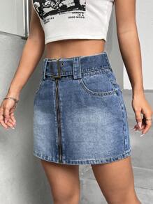 SHEIN EZwear Váy denim có dây kéo - Rửa tối - Xem 1