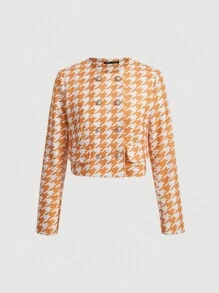 SHEIN MOD Họa tiết Nanh sói Ngắn Len Áo khoác - trái cam - Xem 1