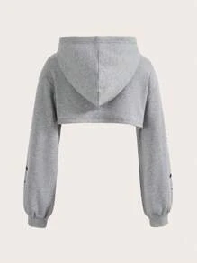 SHEIN EZwear 字母圖案落肩袖短款連帽衫 - 灰色 - 查看 2