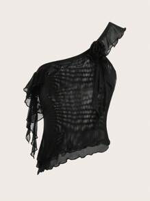 SHEIN ICON Ruffle Trim One Shoulder Crop Mesh Top