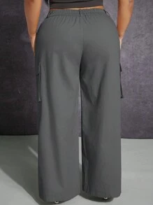 SHEIN SXY 大碼側翻蓋口袋闊腿褲 - 灰色 - 查看 2