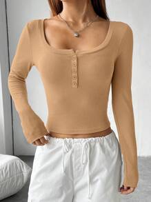 SHEIN EZwear 大圓領半紐扣開襟T恤 - 杏色 - 查看 5