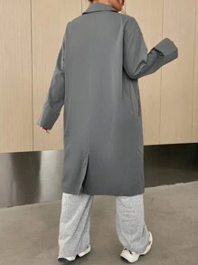 SHEIN EZwear 素色前紐扣落肩袖長款超大襯衫 - 灰色 - 查看 2