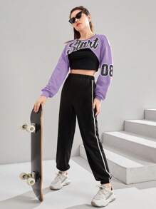 SHEIN Teen Girl Letter Graphic Super Crop Pullover & Sweatpants & Tank Top - Mauve Purple - View 4