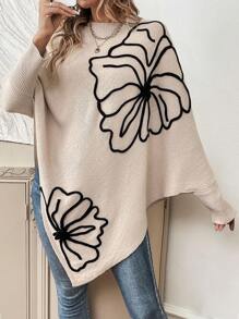 EMERY ROSE Floral Pattern Batwing Sleeve Asymmetrical Hem Sweater,Long Sleeve Tops