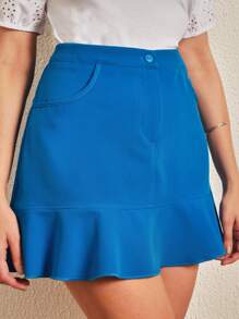 SHE(IN) BRASIL Chất rắn Xù Hoa Sen Váy - Màu xanh lam - Xem 1