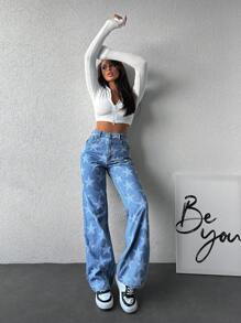 SHEIN Cottnline 女性星形圖案直筒牛仔褲 - 中等水洗藍 - 查看 4