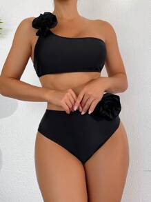 Conjunto de bikini con un hombro y apliques - Negro - Ver 4