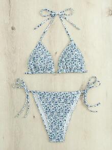 小花圖案領口三角比基尼套裝 - 彩色 - 查看 5
