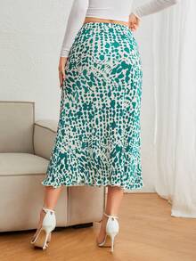 SHEIN Privé 滿版印花生菜邊半身裙 - 綠色 - 查看 4