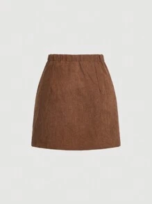 SHEIN MOD 素色燈芯絨不對稱下擺半身裙 - 棕色 - 查看 2