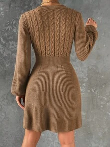 SHEIN Frenchy Vestido de punto tejido de cable de manga farol - Caqui - Ver 2