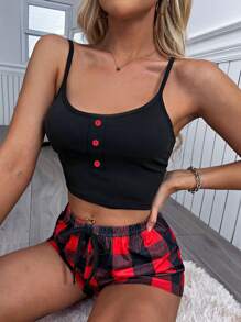 SHEIN Button Front Cami Top And Buffalo Plaid Shorts PJ Set / Pajama Set - Multicolor - View 4