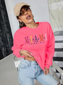 SHEIN Unity MIAM Miami FLORIDA 印花长袖运动衫 - 紅色 - 查看 4