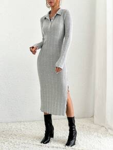 SHEIN Essnce Polo Neck Split Thigh Ribbed Knit Split Thigh Dress - Grey - View 3