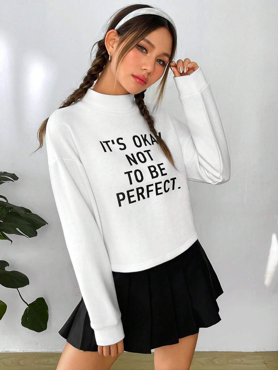 SHEIN Qutie 標語圖案小高領落肩袖運動衫 - 白色 - 查看 1