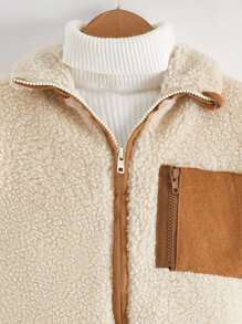 SHEIN Young Girl Contrast Panel Zip Up Teddy Jacket - Beige - View 3