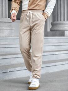 GENTILAND Men Drawstring Waist Slant Pocket Sweatpants - Khaki - View 1