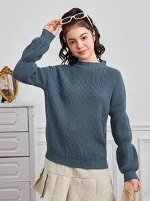 Teen Girl Solid Drop Shoulder Virago Sleeve Sweater - Dusty Blue - View 5