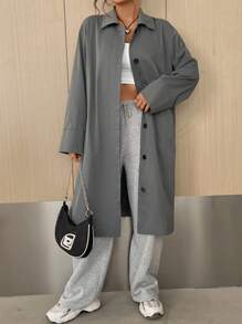 SHEIN EZwear 素色前紐扣落肩袖長款超大襯衫 - 灰色 - 查看 6