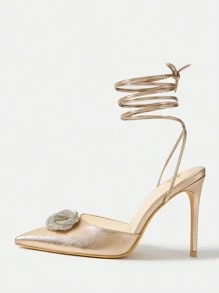 SheIn Belle Ladies' Metallic High Heels With Rhinestone Decor - Champagne - View 1