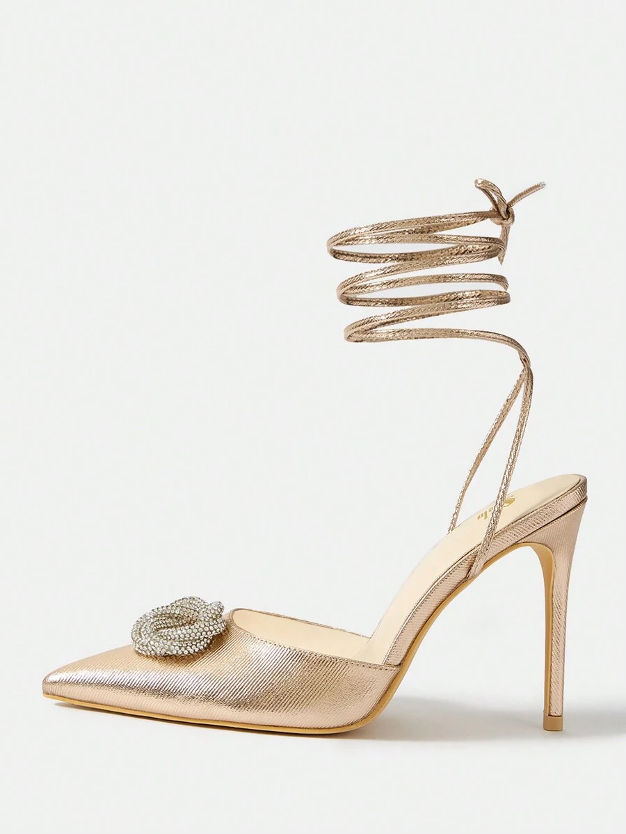 SheIn Belle Ladies' Metallic High Heels With Rhinestone Decor - Champagne - View 1